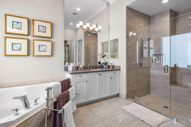9037 Golden Mountain Cir, Boynton Beach, FL 33473 - full bathroom with vanity, a shower stall, a garden tub, crown molding, and recessed lighting
