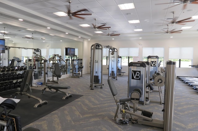 9037 Golden Mountain Cir, Boynton Beach, FL 33473 - exercise room featuring carpet flooring, ceiling fan, and baseboards