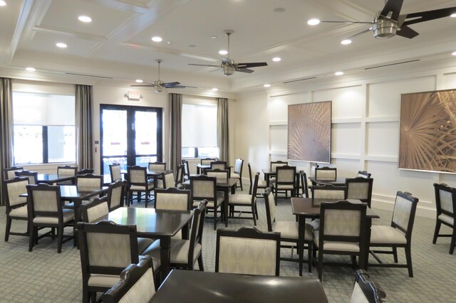 9037 Golden Mountain Cir, Boynton Beach, FL 33473 - dining room featuring carpet flooring, recessed lighting, ceiling fan, coffered ceiling, and a decorative wall