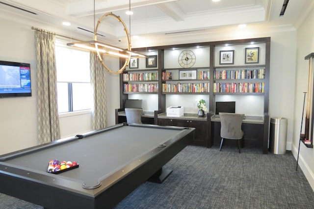 9037 Golden Mountain Cir, Boynton Beach, FL 33473 - game room featuring ornamental molding, built in study area, dark colored carpet, recessed lighting, and pool table