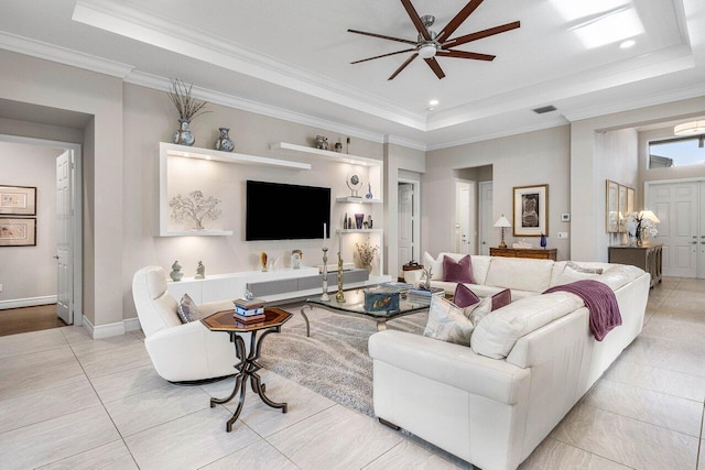 9037 Golden Mountain Cir, Boynton Beach, FL 33473 - living area with a raised ceiling, a ceiling fan, ornamental molding, light tile patterned flooring, and recessed lighting
