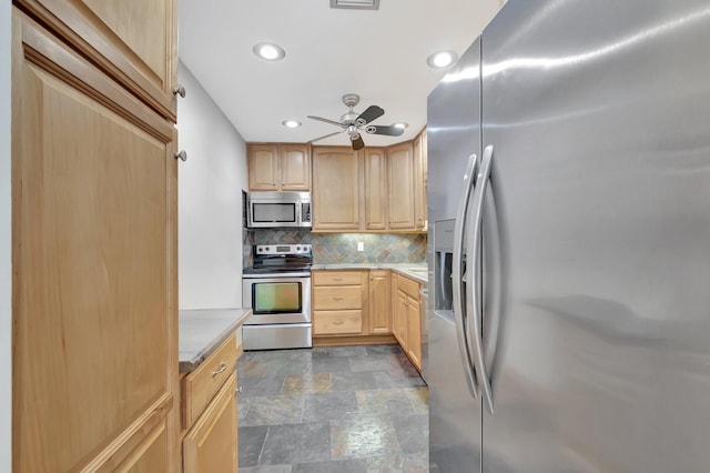 10095 45th Ter S Unit 443, Boynton Beach, FL 33436 - kitchen with appliances with stainless steel finishes, light brown cabinets, tasteful backsplash, ceiling fan, and recessed lighting
