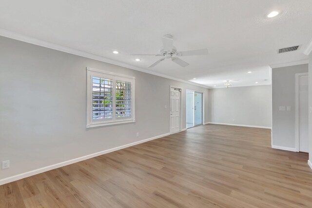 10095 45th Ter S Unit 443, Boynton Beach, FL 33436 - unfurnished room with crown molding, recessed lighting, baseboards, a ceiling fan, and light wood-style flooring