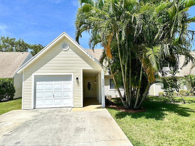 view of front of home featuring an attached garage, driveway, and a front lawn