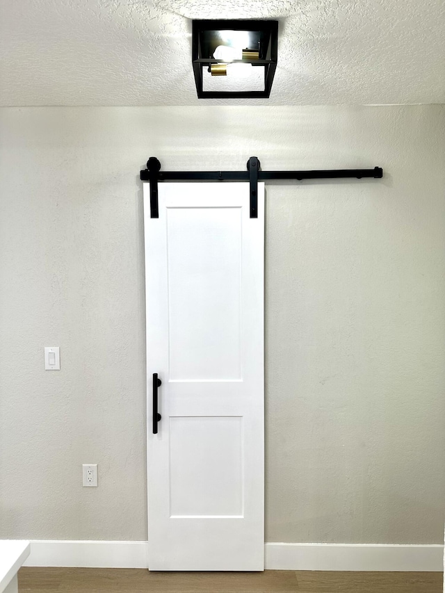 detailed view of baseboards, wood finished floors, and a barn door