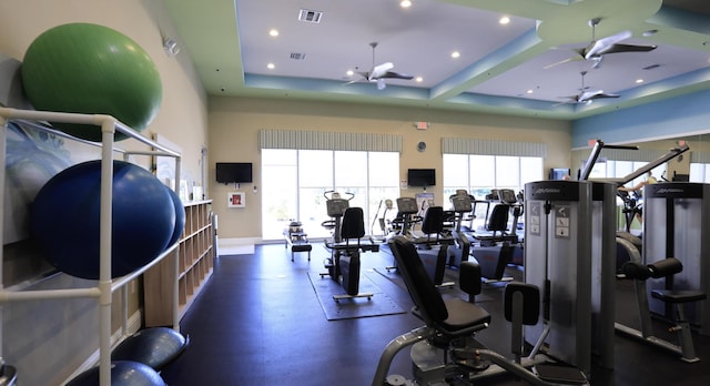7779 Butera Plz, Delray Beach, FL 33446 - workout area with a ceiling fan, baseboards, a raised ceiling, and recessed lighting