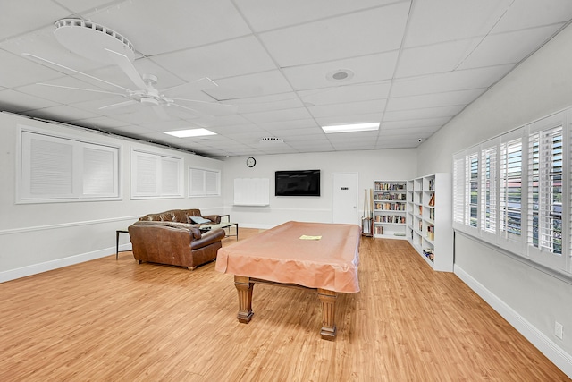 4585 NW 3rd St Unit D, Delray Beach, FL 33445 - living area with billiards, light wood-style flooring, a drop ceiling, a ceiling fan, and baseboards