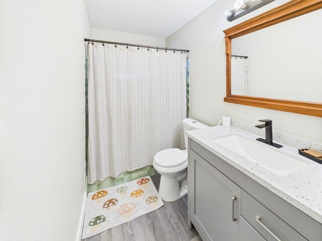 bathroom featuring vanity, wood finished floors, toilet, and curtained shower