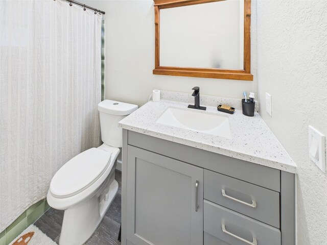 full bathroom with toilet, vanity, a shower with curtain, and a textured wall