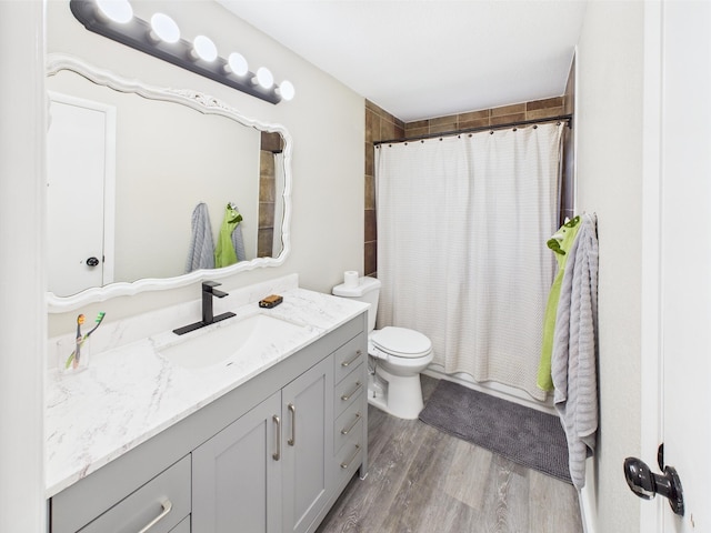 bathroom featuring vanity, wood finished floors, a shower with curtain, and toilet