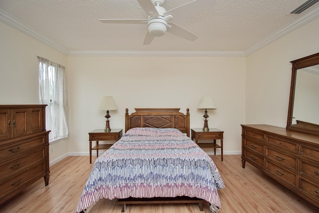 5123 Adams Rd, Delray Beach, FL 33484 - bedroom with a textured ceiling, light wood-type flooring, ornamental molding, baseboards, and a ceiling fan