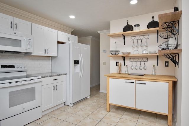 5123 Adams Rd, Delray Beach, FL 33484 - kitchen featuring white appliances, open shelves, tasteful backsplash, white cabinetry, and recessed lighting