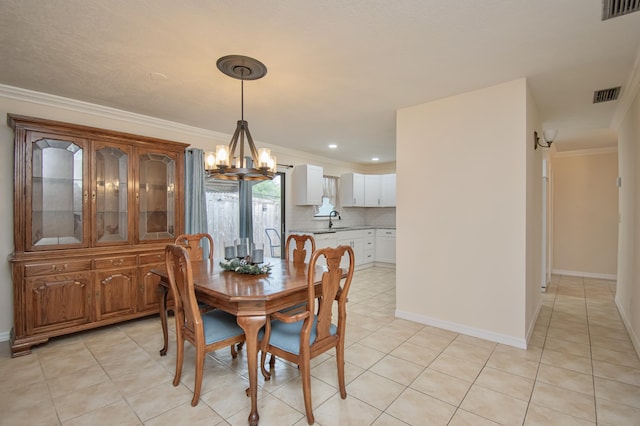 5123 Adams Rd, Delray Beach, FL 33484 - dining room featuring a chandelier, ornamental molding, light tile patterned flooring, baseboards, and recessed lighting