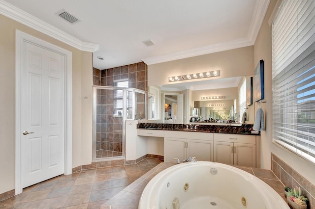 bathroom with a stall shower, a tub with jets, baseboards, vanity, and ornamental molding