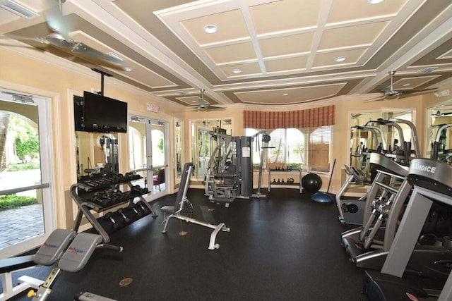 gym featuring ceiling fan, french doors, and crown molding