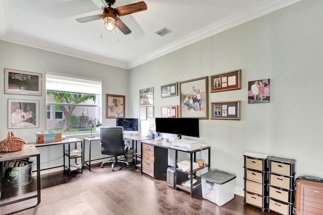 office with crown molding, wood finished floors, ceiling fan, and baseboards