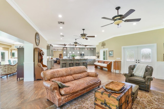 6624 Dillman Rd, West Palm Beach, FL 33413 - living area with ornamental molding, a ceiling fan, wood finished floors, and recessed lighting