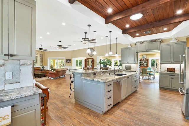 6624 Dillman Rd, West Palm Beach, FL 33413 - kitchen featuring stainless steel appliances, gray cabinetry, a sink, a ceiling fan, and recessed lighting