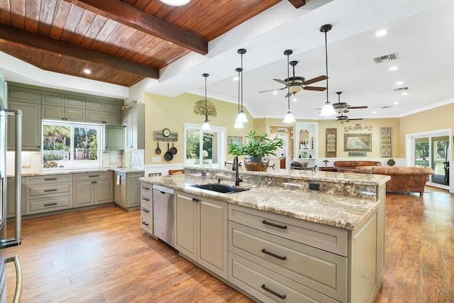 6624 Dillman Rd, West Palm Beach, FL 33413 - kitchen with a sink, stainless steel dishwasher, ceiling fan, open floor plan, and an island with sink