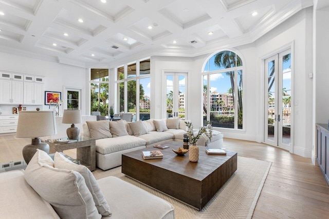 155 SE Spanish Trl, Boca Raton, FL 33432 - living room with french doors, a high ceiling, recessed lighting, coffered ceiling, and beamed ceiling