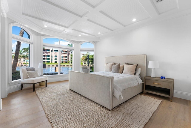 155 SE Spanish Trl, Boca Raton, FL 33432 - bedroom featuring coffered ceiling, beamed ceiling, light wood-style floors, access to exterior, and recessed lighting