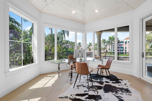 155 SE Spanish Trl, Boca Raton, FL 33432 - sunroom featuring healthy amount of natural light, wood finished floors, wooden ceiling, and vaulted ceiling