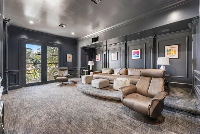 155 SE Spanish Trl, Boca Raton, FL 33432 - cinema room with a decorative wall, crown molding, carpet floors, french doors, and recessed lighting