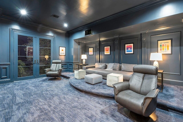 155 SE Spanish Trl, Boca Raton, FL 33432 - carpeted home theater featuring a decorative wall, ornamental molding, french doors, and recessed lighting