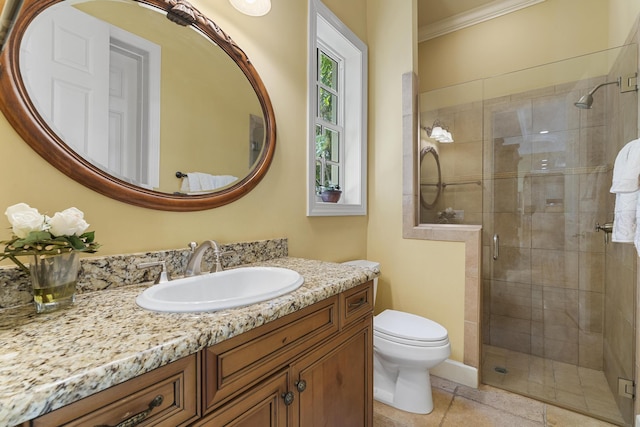 11 Wendy Ln, Stuart, FL 34994 - bathroom with ornamental molding, toilet, a shower stall, vanity, and tile patterned flooring
