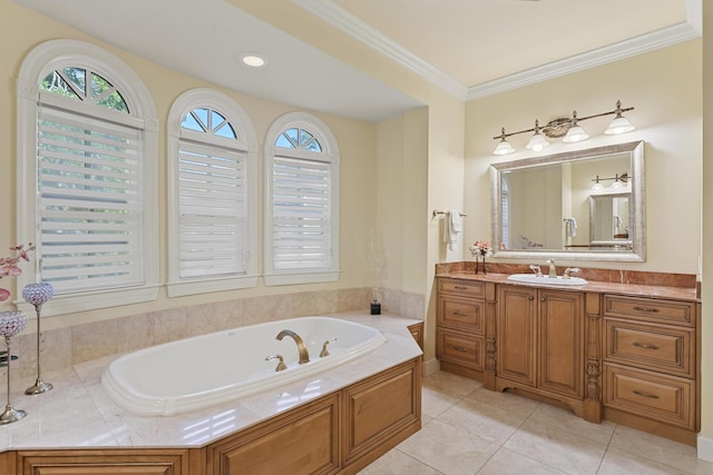 11 Wendy Ln, Stuart, FL 34994 - full bathroom featuring healthy amount of natural light, a garden tub, crown molding, vanity, and tile patterned floors