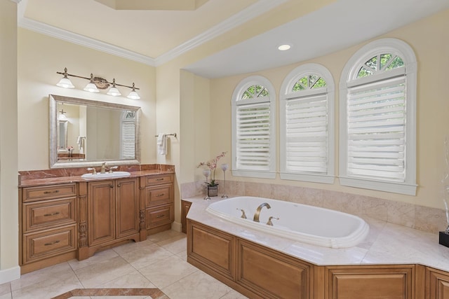 11 Wendy Ln, Stuart, FL 34994 - full bathroom featuring a bath, vanity, crown molding, and tile patterned flooring