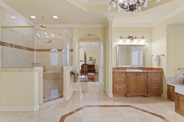 11 Wendy Ln, Stuart, FL 34994 - full bathroom with a chandelier, a stall shower, vanity, crown molding, and baseboards