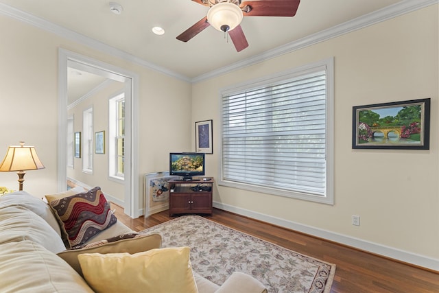 11 Wendy Ln, Stuart, FL 34994 - living room featuring a ceiling fan, ornamental molding, wood finished floors, and baseboards