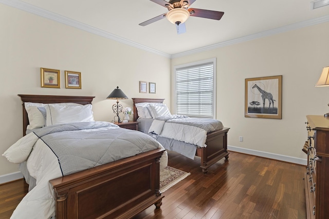 11 Wendy Ln, Stuart, FL 34994 - bedroom featuring baseboards, crown molding, dark wood-style floors, and a ceiling fan