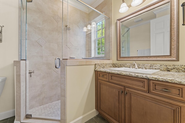 11 Wendy Ln, Stuart, FL 34994 - bathroom with a stall shower, vanity, ornamental molding, baseboards, and tile patterned floors