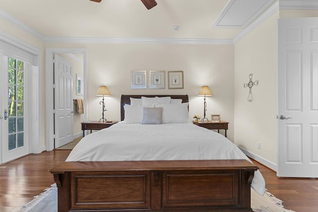 11 Wendy Ln, Stuart, FL 34994 - bedroom featuring access to exterior, dark wood-style floors, baseboards, ornamental molding, and a ceiling fan