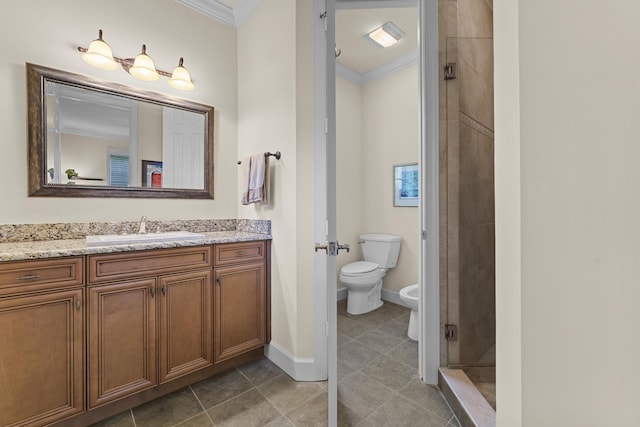 11 Wendy Ln, Stuart, FL 34994 - bathroom with crown molding, a shower stall, vanity, baseboards, and toilet