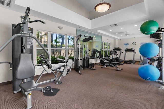 101 SE 20th Ave Unit 501, Deerfield Beach, FL 33441 - gym with recessed lighting, a ceiling fan, and a raised ceiling