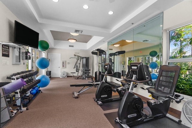 101 SE 20th Ave Unit 501, Deerfield Beach, FL 33441 - workout area with a tray ceiling and recessed lighting