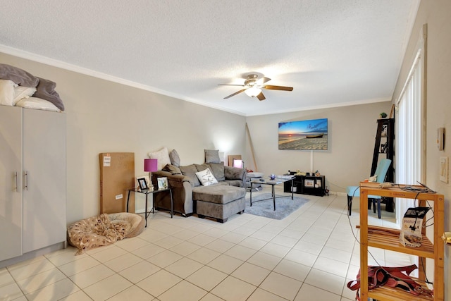 2950 SW 22nd Cir Unit 4C, Delray Beach, FL 33445 - living area with ceiling fan, light tile patterned floors, crown molding, and a textured ceiling
