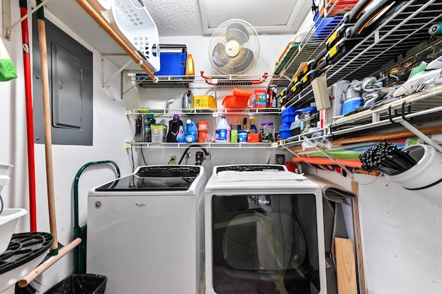 3001 SE Aster Ln Unit 908, Stuart, FL 34994 - clothes washing area with electric panel and washing machine and clothes dryer