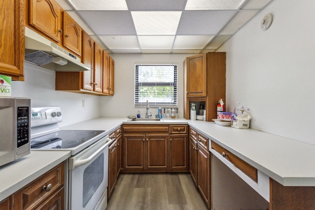 kitchen featuring white range with electric stovetop, under cabinet range hood, a sink, dark wood-style flooring, and stainless steel microwave