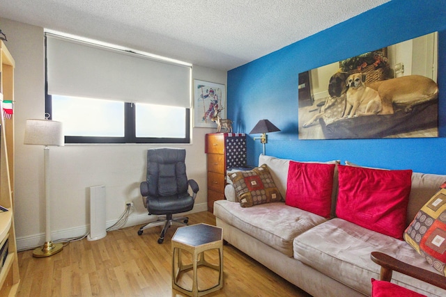 living room featuring wood finished floors, a textured ceiling, and baseboards