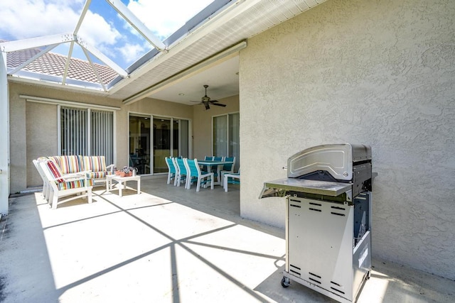 2904 SW Sutton Pl, Palm City, FL 34990 - view of patio with a ceiling fan, area for grilling, outdoor lounge area, outdoor dining area, and glass enclosure