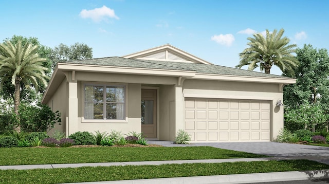 view of front of property featuring stucco siding, driveway, a garage, and a front lawn