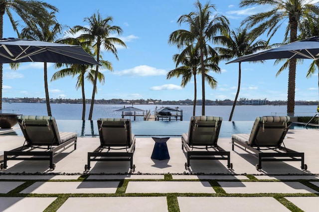 view of patio with a water view