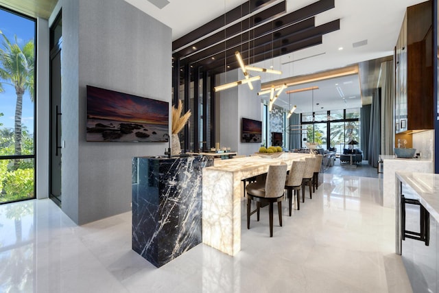 kitchen featuring a wall of windows and a towering ceiling