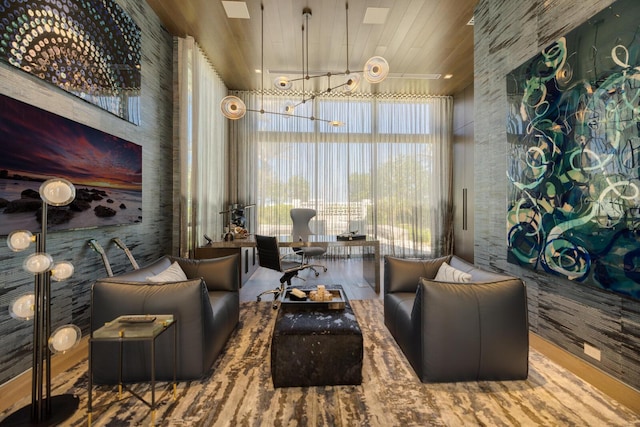 living area with wooden ceiling