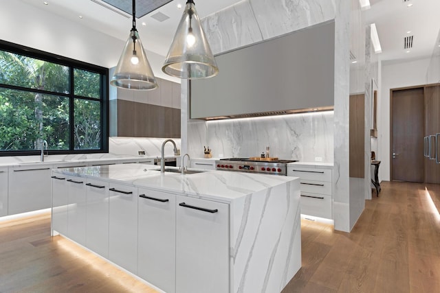 kitchen with modern cabinets, a sink, backsplash, light stone counters, and light wood-style flooring