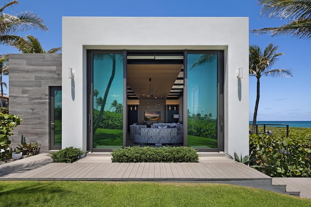 view of outbuilding featuring a water view